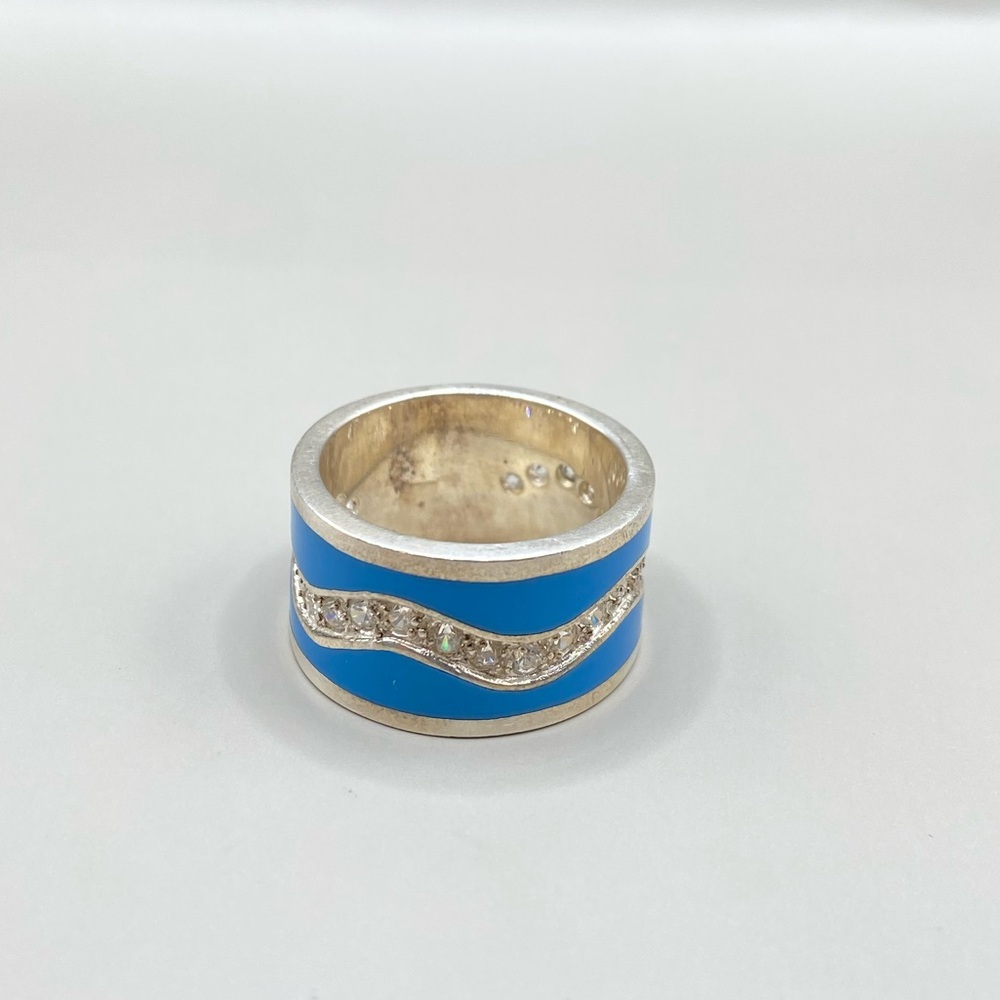 E. Pearl Sterling Silver Enamel Wave Wide Band Ring